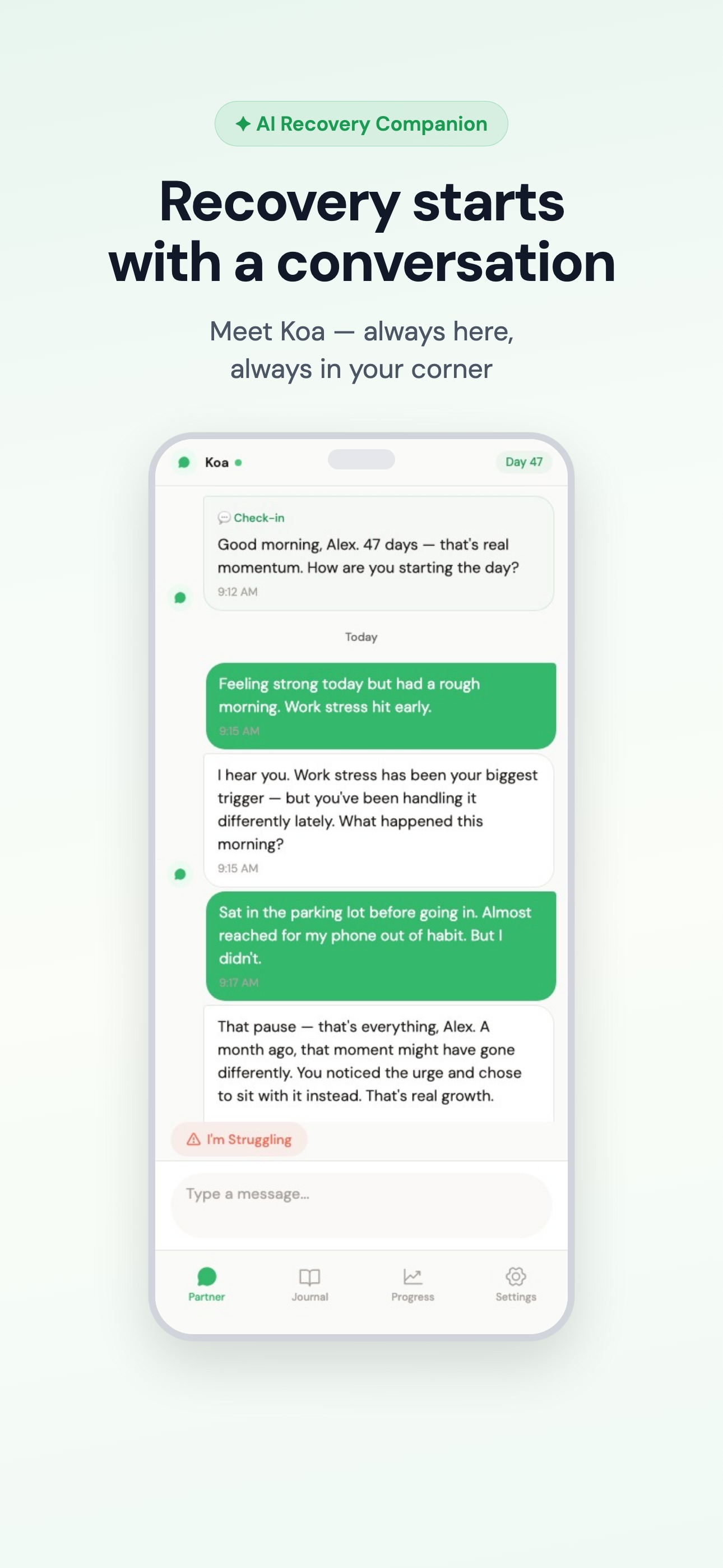 Koa app — AI recovery conversation showing daily check-in and supportive coaching