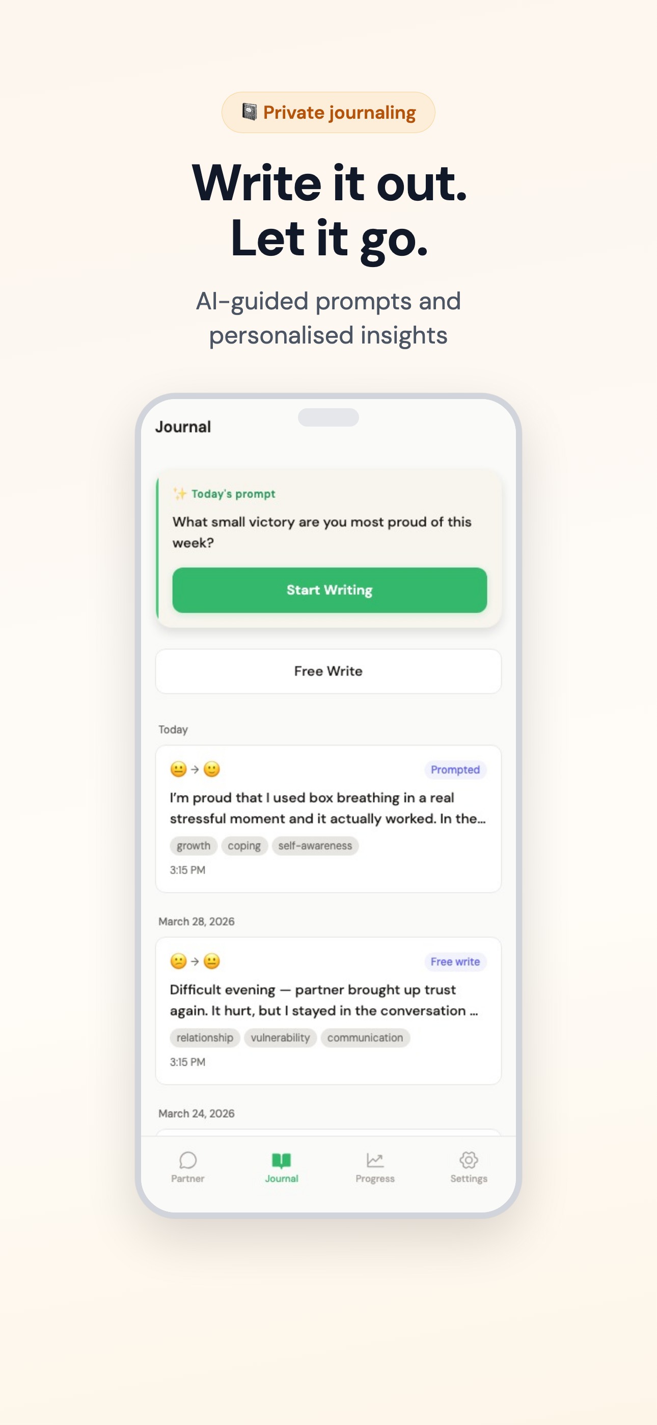 Private journal with AI-guided prompts and mood-tagged entries