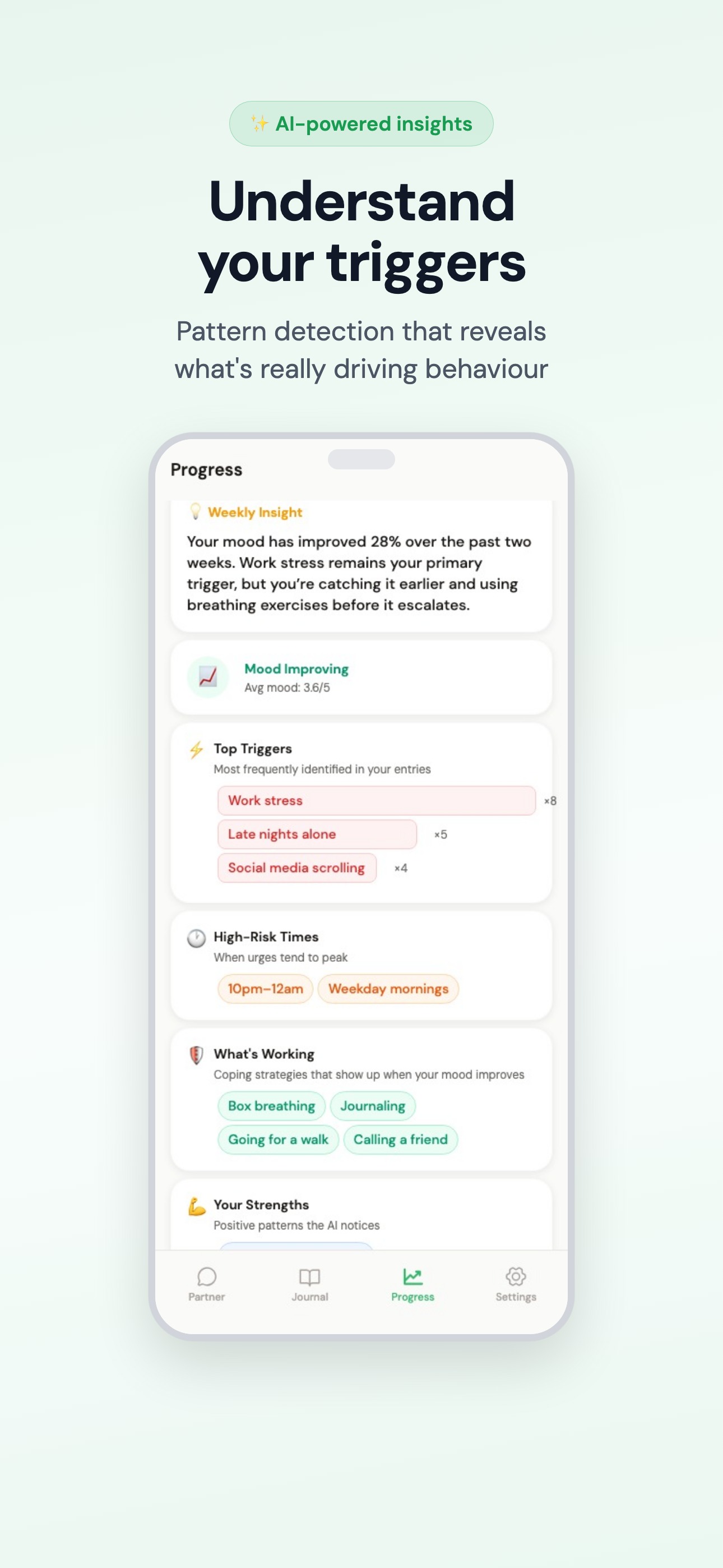 AI-powered insights showing triggers, high-risk times, and coping strategies